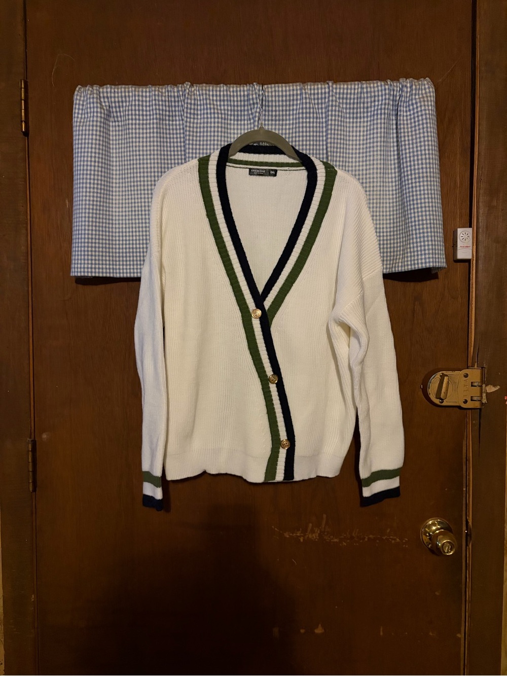 White V-Neck Cardigan with Green & Navy Trim